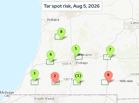 Estimated tar spot risk in corn for the past week based on the Crop Protection Network&rsquo;s Crop Risk Tool.